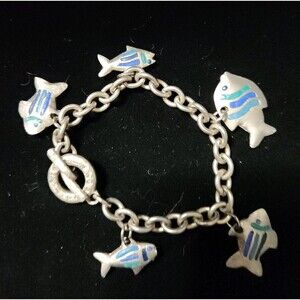 Vintage Agatha Paris Fish Charm Bracelet Silverstone Toggle Clasp Blues 90's